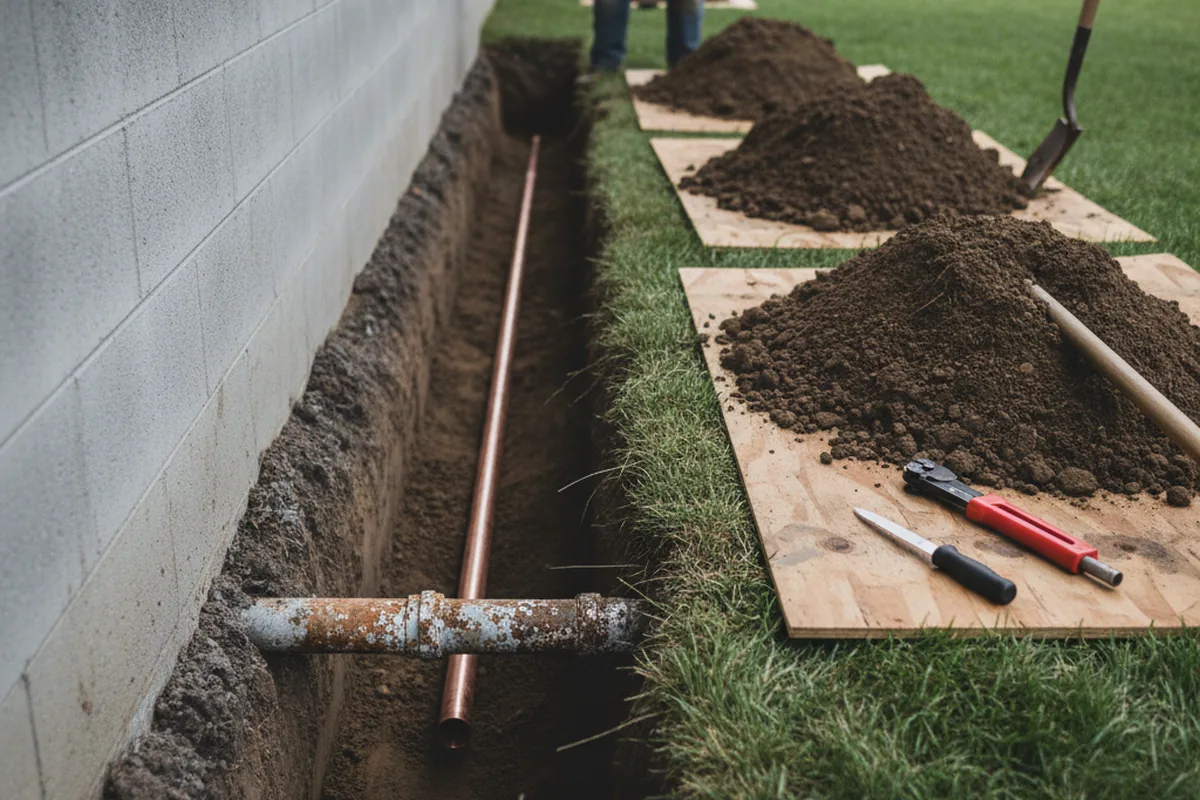 Excavated water line trench during Water Heater Repair in Matthews